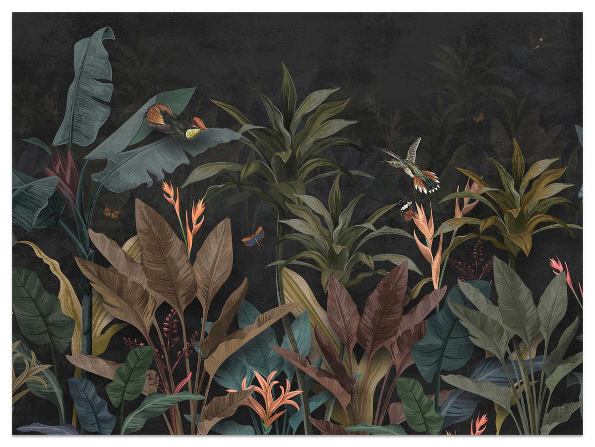 FOTOTAPETE Exotische Palmenblätter Dunkler Hintergrund Insekten Tropisch 250x175 - Orange/Braun, Papier (250/175cm) - Muralo