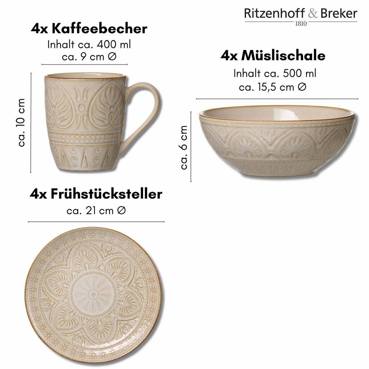 FRÜHSTÜCKS-SET Omara beige 12-tlg. - Beige, Keramik (18/23/34cm) - Ritzenhoff Breker