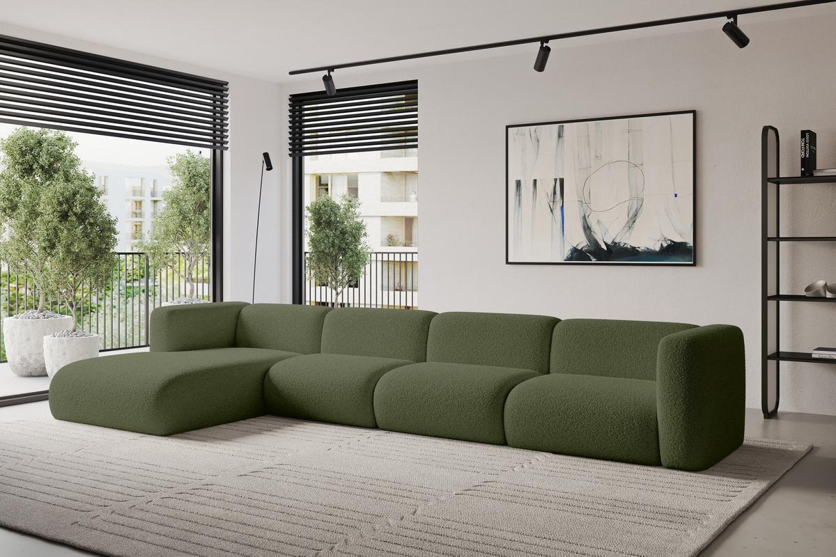 ECKSOFA Ottomane Links MIRA-L3 409x179x70 Grün Bouclé - Schwarz/Olivgrün, Holzwerkstoff/Kunststoff (409/179cm) - ALTDECOR