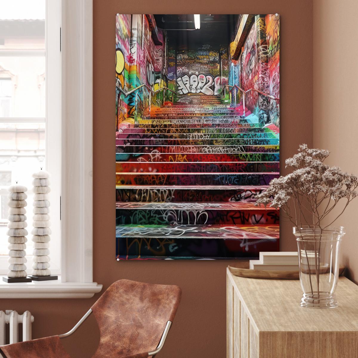 ACRYLGLASBILD Treppe - Graffiti - Farben - Kunst 80x120 cm - Multicolor, Glas (80/120cm) - MuchoWow