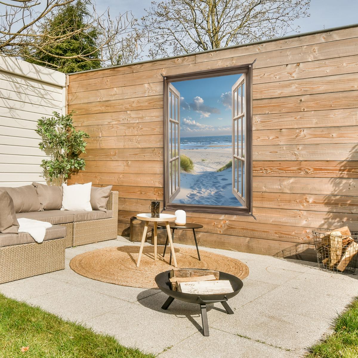 GARTENPOSTER Aussicht - Strand - Fenster - Dünen - Meer Outdoor Bilder 80x120 cm - Hellblau, Kunststoff (80/120/0.2cm) - OnlyWow