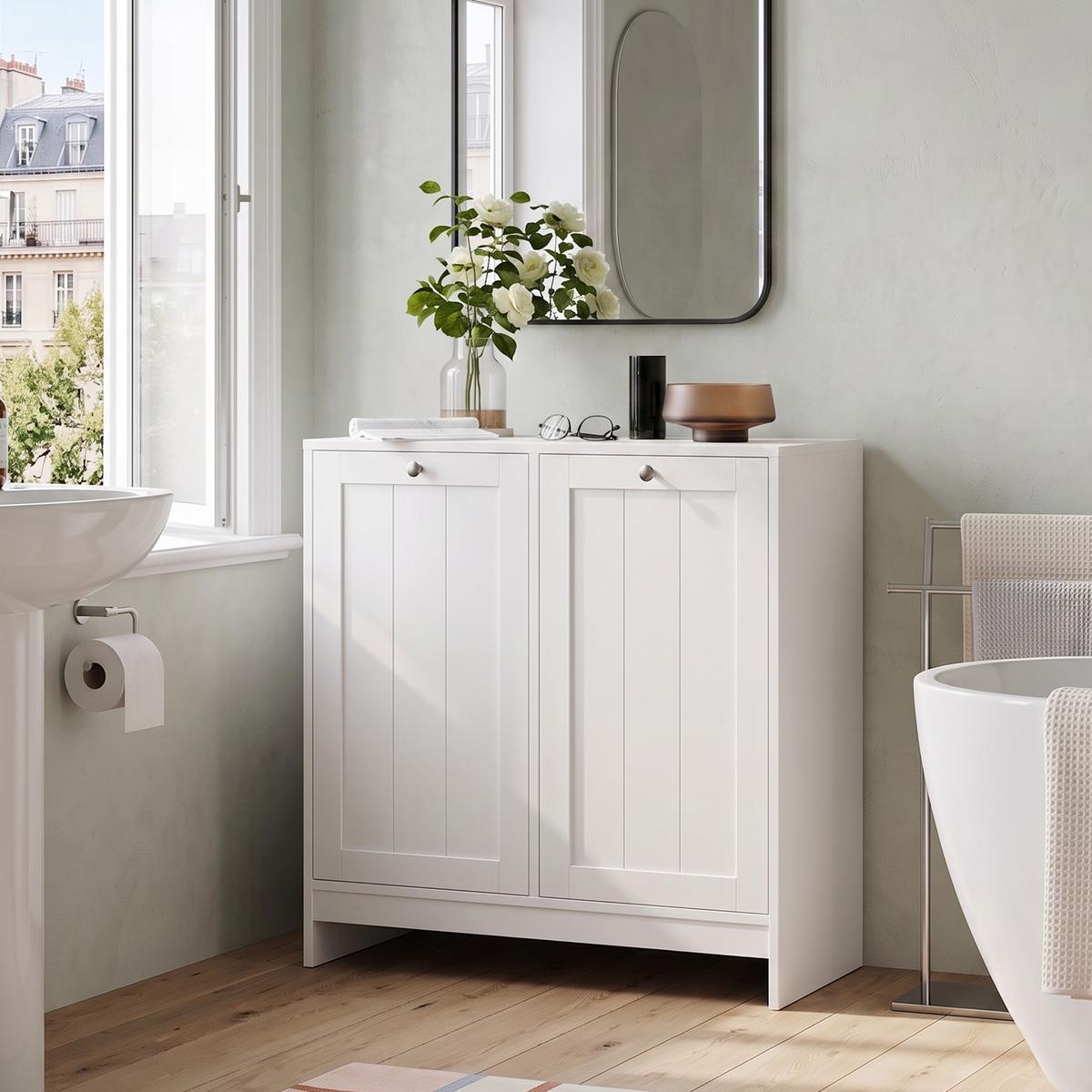 BADEZIMMERSCHRANK Kippbar Weiß mit 2 Fächern & Herausnehmbaren Körben - Weiß, Holzwerkstoff (66/68/33cm) - Urban Meuble