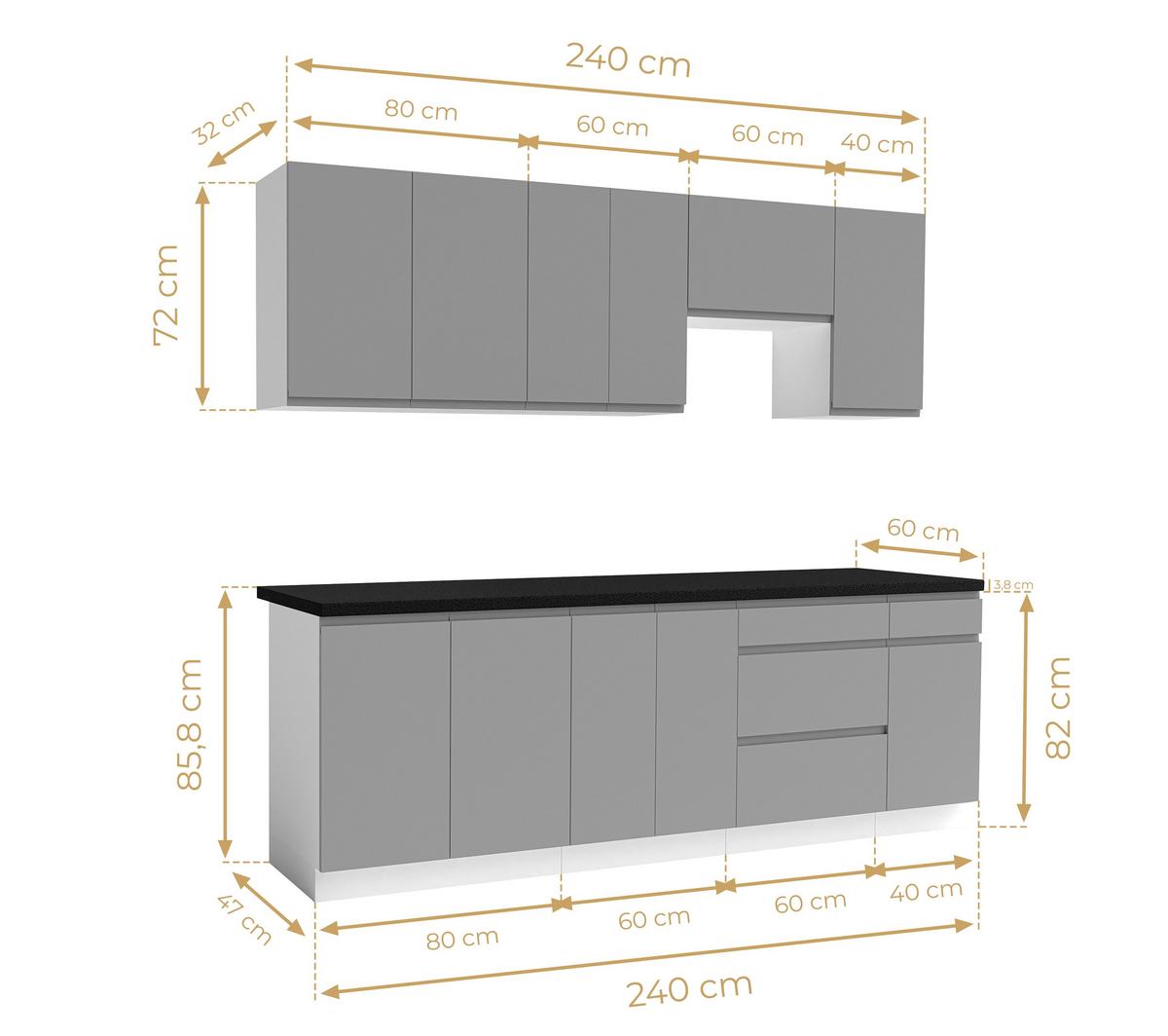 KÜCHENLEERBLOCK Aquileia 240 cm Grau mit Weißem Korpus mit Arbeitsplatte Vulkanisch Schwarz - Schwarz/Grau, Holzwerkstoff (240/157.8/60cm) - AX Living