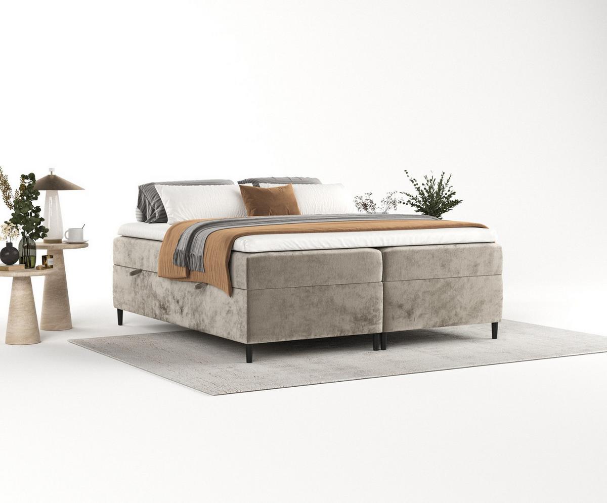 BOXBETT Theo 160/200 cm Beige im Lotta Stoff - Beige/Schwarz, Holz/Holzwerkstoff (160/200cm) - AltaBeds