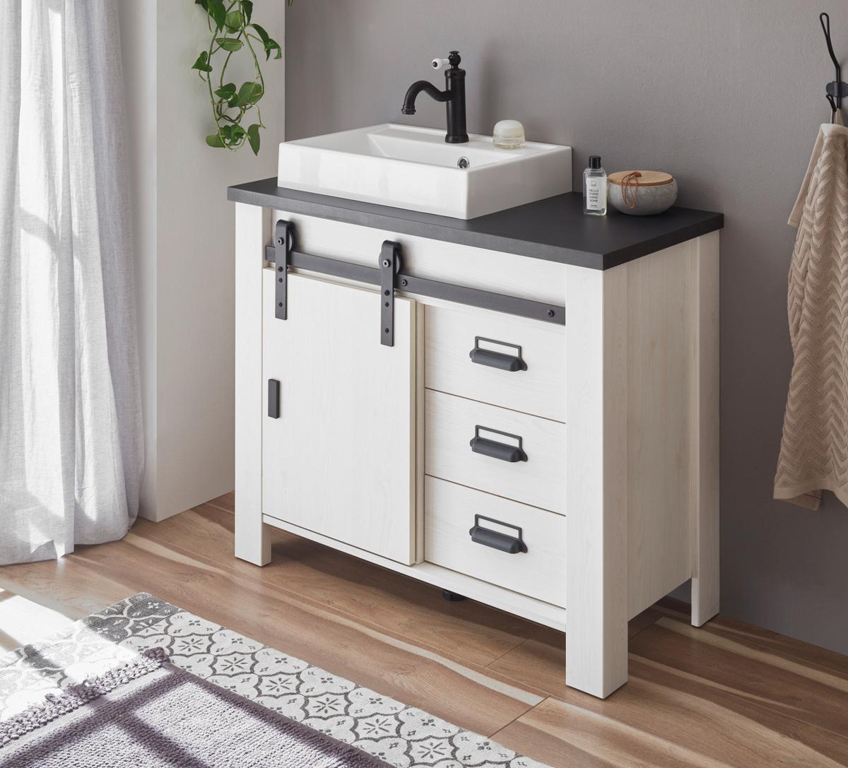 WASCHBECKENUNTERSCHRANK weiß Pinie, anthrazit Landhaus, Waschtisch inklusive Waschbecken - Anthrazit/Weiß, Holzwerkstoff/Metall (95/81/43cm) - Furn.Design