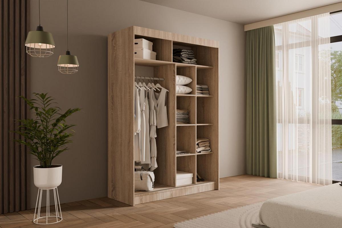 KLEIDERSCHRANK mit Lamel-Schiebetüren VILANv2 - 150 cm Sonoma Eiche + Lamelle Eiche Wotan - Eiche Wotan/Sonoma Eiche, Holzwerkstoff (150/215/61cm) - ALTDECOR