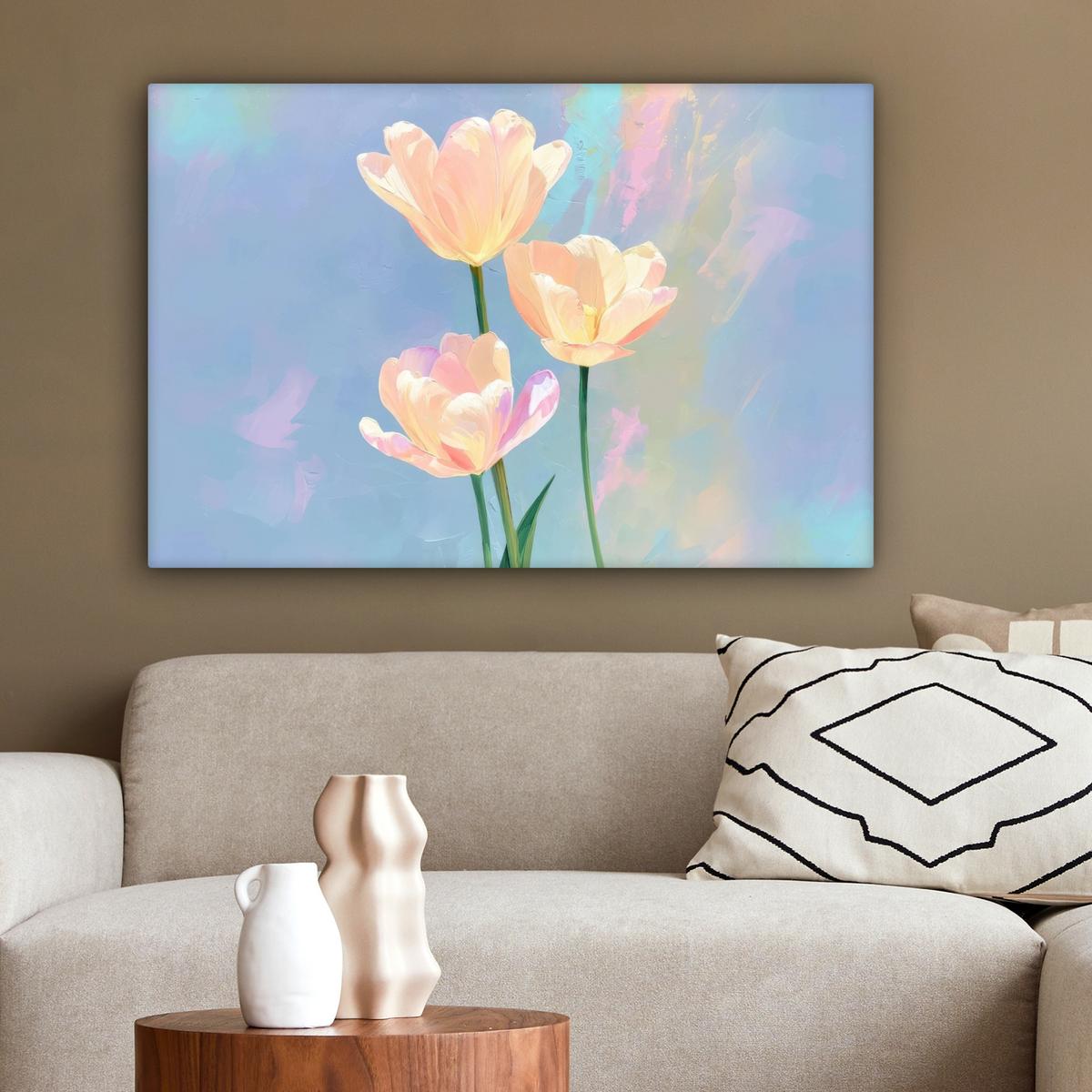 LEINWANDBILD Tulpen - Rosa Akzente - Blau Wanddeko 90x60 cm - Pastellblau, Textil (90/60cm) - MuchoWow
