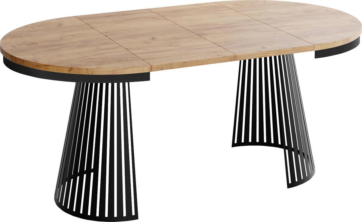 ESSTISCH Naro rund ausziehbar mit Schwarzem Lamellen-Metallgestell, Braun 100-180/100/76 cm - Eiche Wotan/Schwarz, Holzwerkstoff/Metall (100/176/76cm) - WFL GROUP