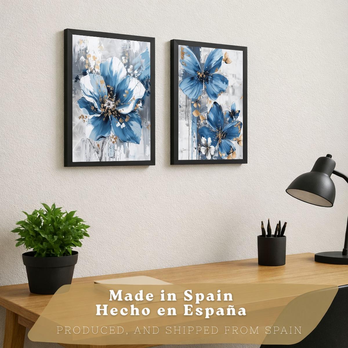 POSTER 2er-Set Wandbilder Blumen Blau Braun modern Wohnzimmer Deko, Schlafzimmer, Küche, Badezimmer Schwarzer Rahmen A4 - Schwarz, Papier (29.7/1/21cm) - Nacnic