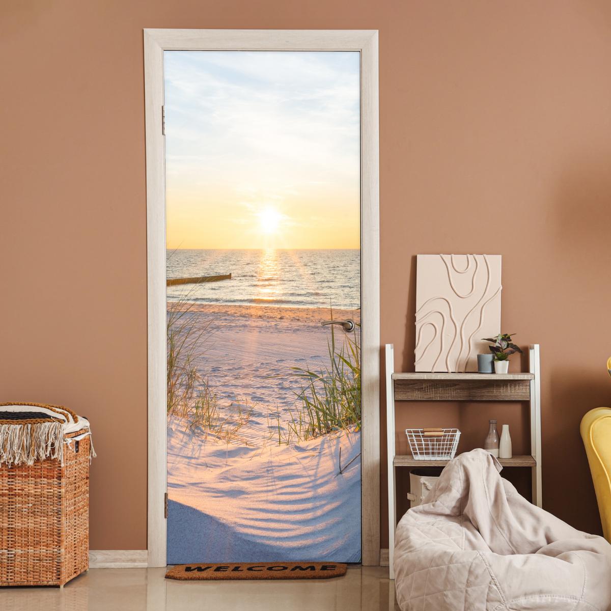 TÜRAUFKLEBER Strand - Sonne - Düne - Gras - Sand - Horizont 90x235 cm - Türtapete - Dunkelgelb, Kunststoff (90/0.1cm) - MuchoWow