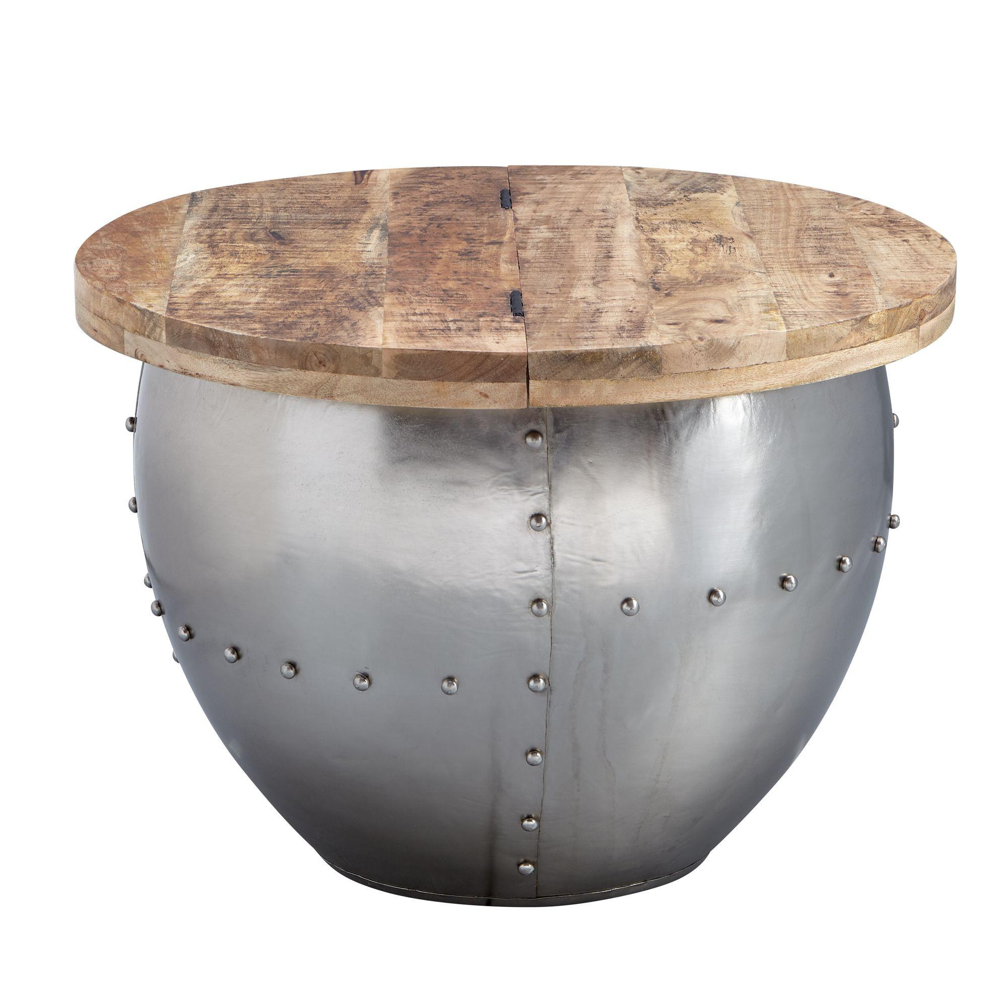 COUCHTISCH Rund in Braun, Massivholz und Metall, Industrial-Stil mit Stauraum - Silberfarben, Holz/Metall (60/60/43cm) - KADIMA DESIGN