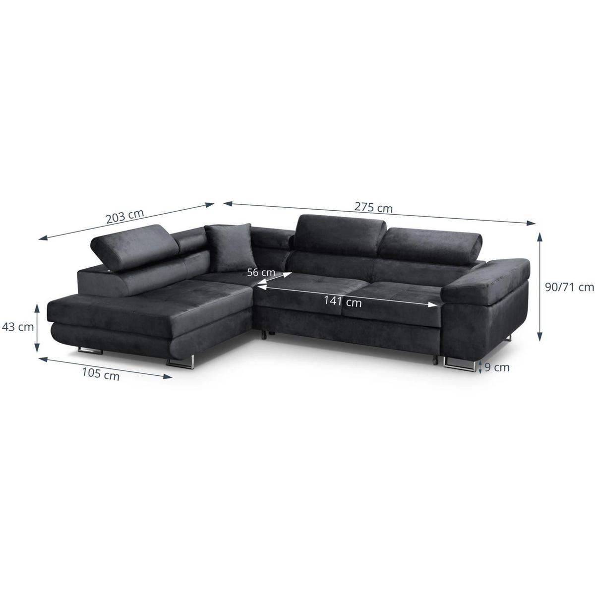 ECKSCHLAFSOFA Vild verstellbaren Kopfstützen, Schwarz, links - Chromfarben/Schwarz, Textil (275/203cm) - Beautysofa