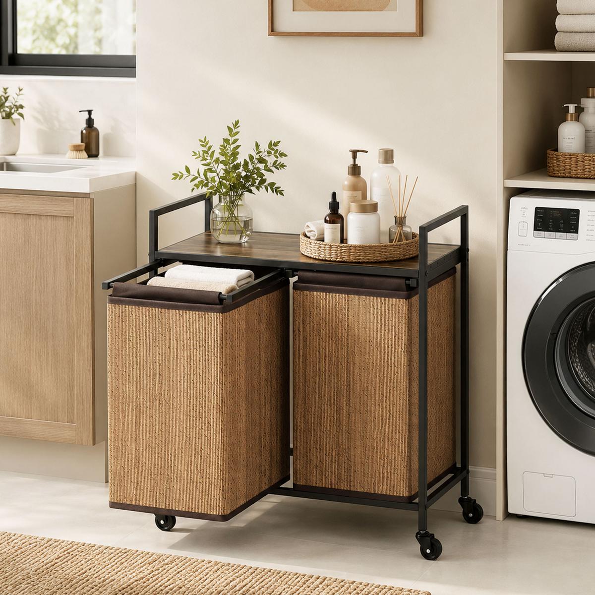 WÄSCHEKORB Stahl Bambus Braun - Braun, Holz (33/78/73cm) - HOMCOM