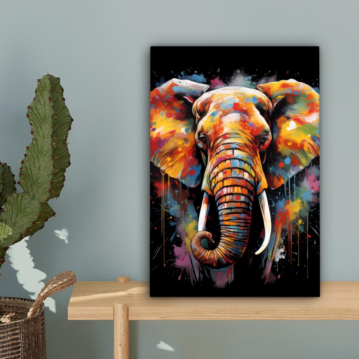 LEINWANDBILD Elefant - Graffiti - Schwarz - Tiere - Farben Deko Wohnzimmer 20x30 cm - Schwarz, Textil (20/30cm) - MuchoWow