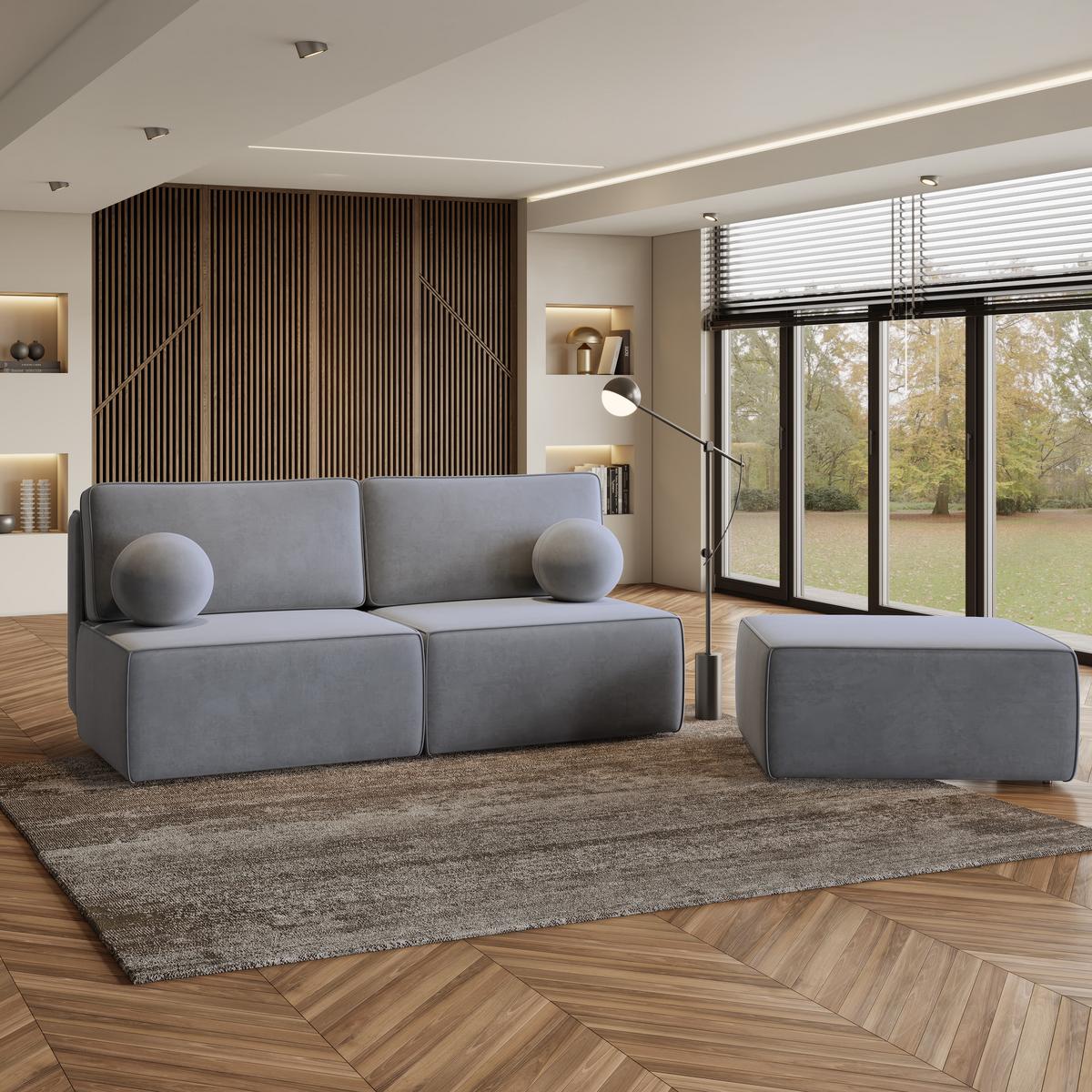 ECKSOFA VARNA M Grau Velours-Stoff mit Schlaffunktion - Grau, Holz/Kunststoff (196/158cm) - MASSENO