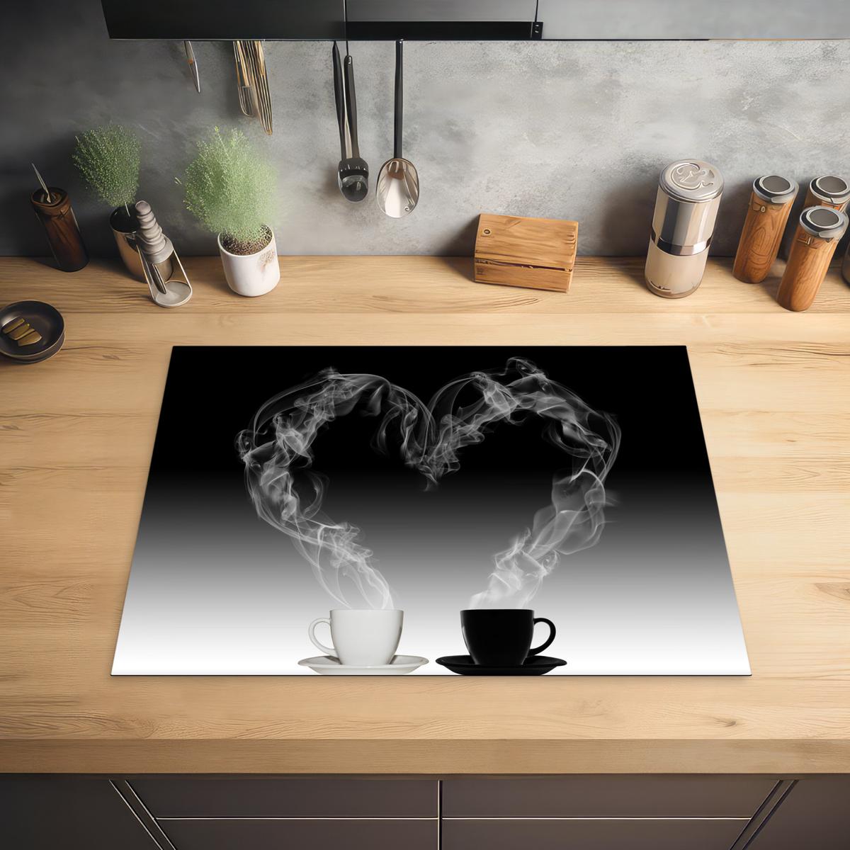 HERDABDECKPLATTE Kaffee - Herz - Schwarz und weiß - Tassen Induktionsmatte 71x52 cm - Weiß, Kunststoff (71/52/0.2cm) - MuchoWow