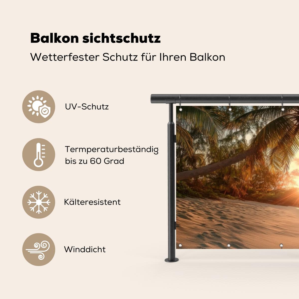 BALKON-SICHTSCHUTZ Strand - Palmen - Meer - Sonnenuntergang Windschutz 300x90 cm - Samtahornfarben, Kunststoff (300/90cm) - MuchoWow