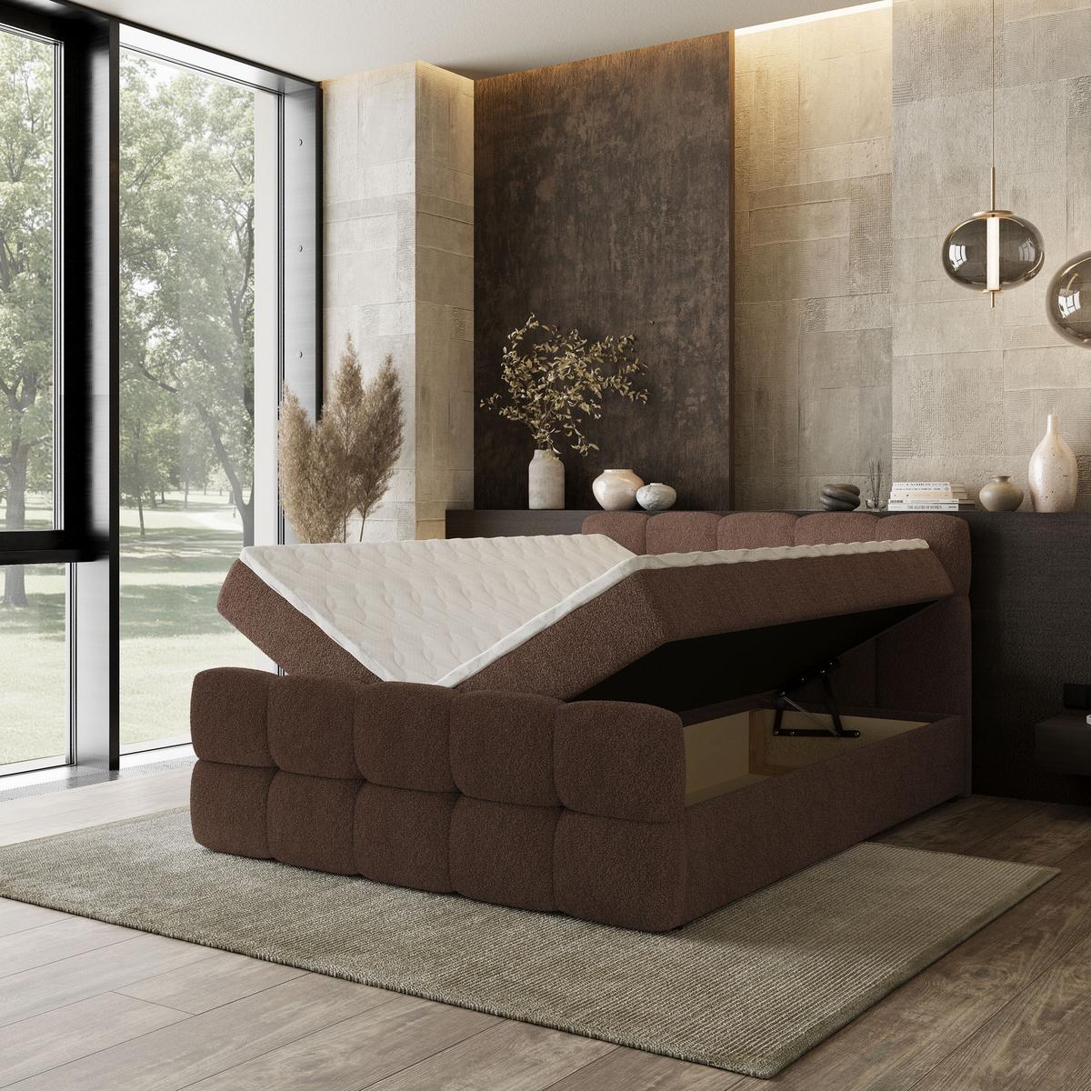 BOXBETT BRUME 180x200 cm mit Matratze und Topper, H2+H3 - Braun - Braun, Holz (180/200cm) - MASSENO