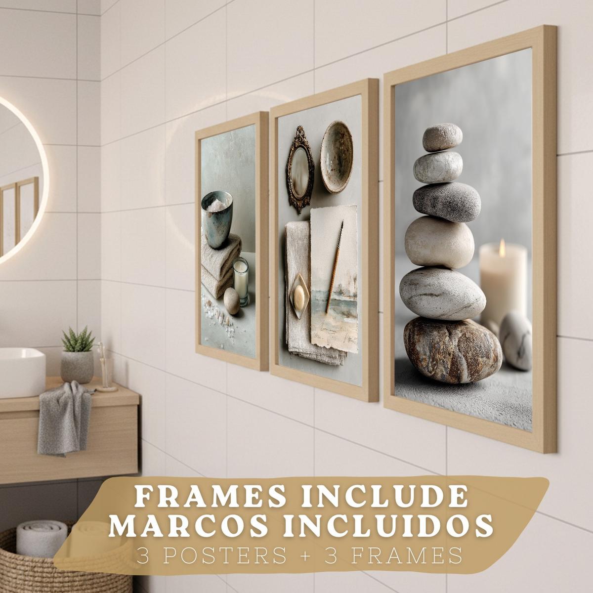 POSTER 3er-Set moderne Badezimmer-Wandposter, Entspannungsposter im Spa-Stil WC mit Steinen, Kerzen und Salzen, Zen-Dekoration Leichter Holzrahmen A4 - Beige, Papier (29.7/21/3cm) - Nacnic