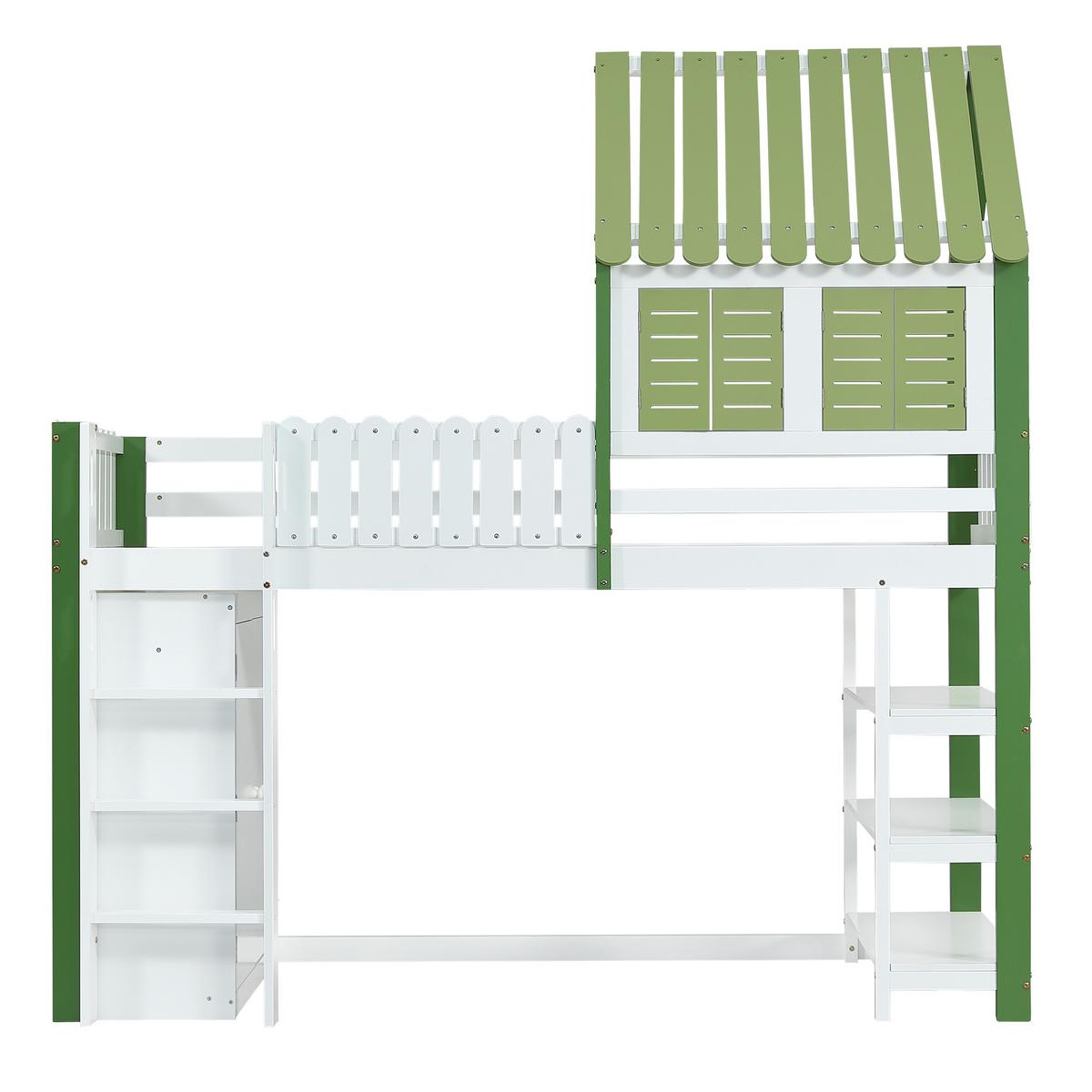 HOCHBETT, KINDERBETT Mit Leiter und Stauraum Grün und Weiß - Weiß/Grün, Holzwerkstoff - Urban Meuble