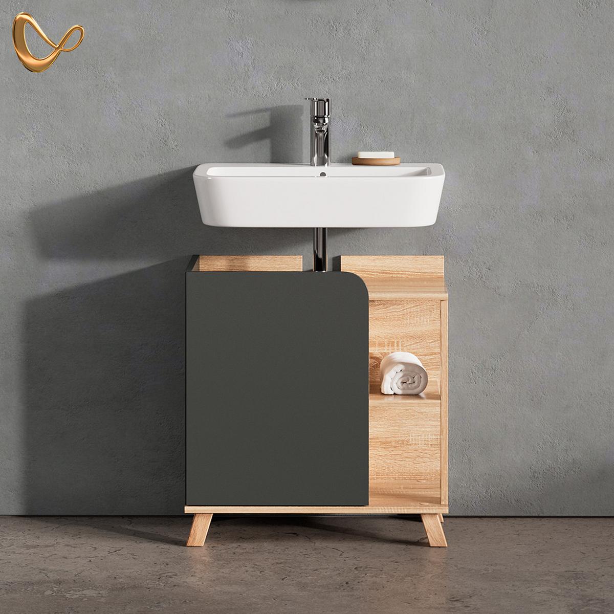 WASCHBECKENUNTERSCHRANK Marano Anthrazit 60 x 65 cm mit Tür und offenen Fächern - Anthrazit, Holzwerkstoff (60/65/35cm) - Livinity®