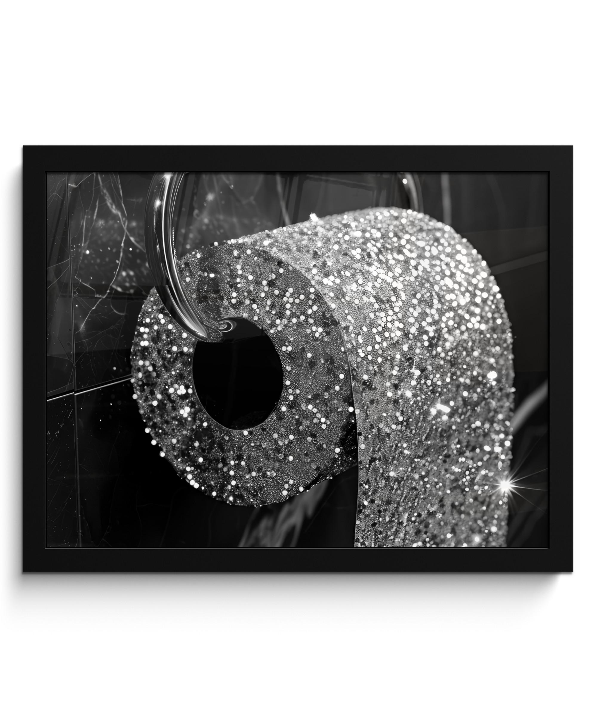 POSTER MIT RAHMEN WC - Toilettenpapier - Schwarz und weiß - Glitter 40x30 cm - Silberfarben, Papier (40/30cm) - MuchoWow