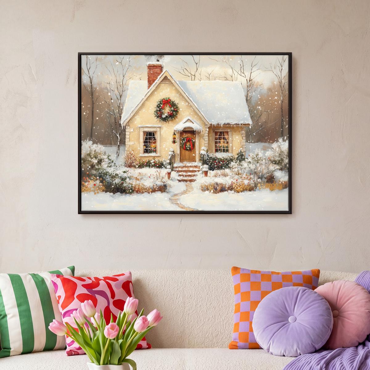 LEINWAND Bilder mit Rahmen - Weihnachten - Zuhause - Winter - Schnee - 80x60 - Creme, Textil (80/60cm) - MuchoWow