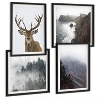 BILDER SET 4er Set - 50x50 cm & 40x60 cm Schwarzer Rahmen - Berglandschaft Nebel Hirsch - Schwarz, Kunststoff (50/50cm) - TULUP