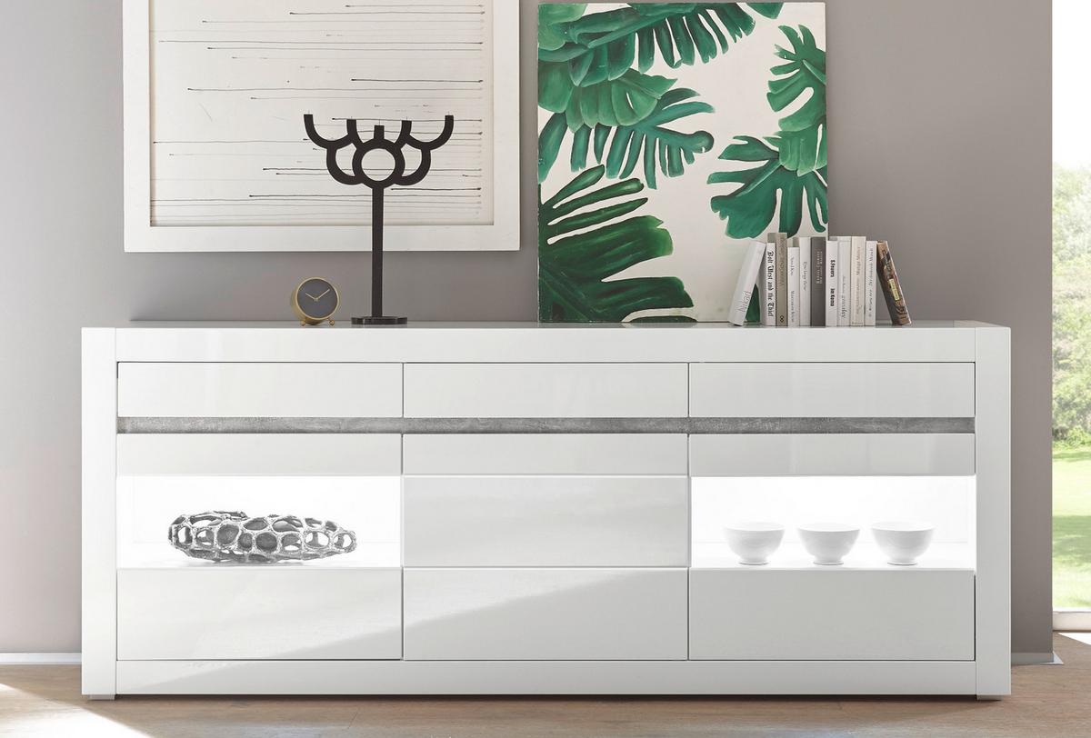 SIDEBOARD Hochglanz weiß, mit weiß oder grau, große Kommode 217 x 90 cm, Soft-Close - Weiß Hochglanz/Weiß, Glas/Holzwerkstoff (217/90/42cm) - Furn.Design