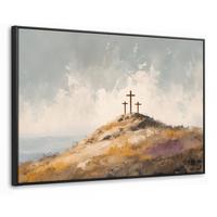 LEINWAND Bilder mit Rahmen - Hügel - Abstrakt - Christentum - Kreuz - 150x100 - Hellgrau, Textil (150/100cm) - MuchoWow