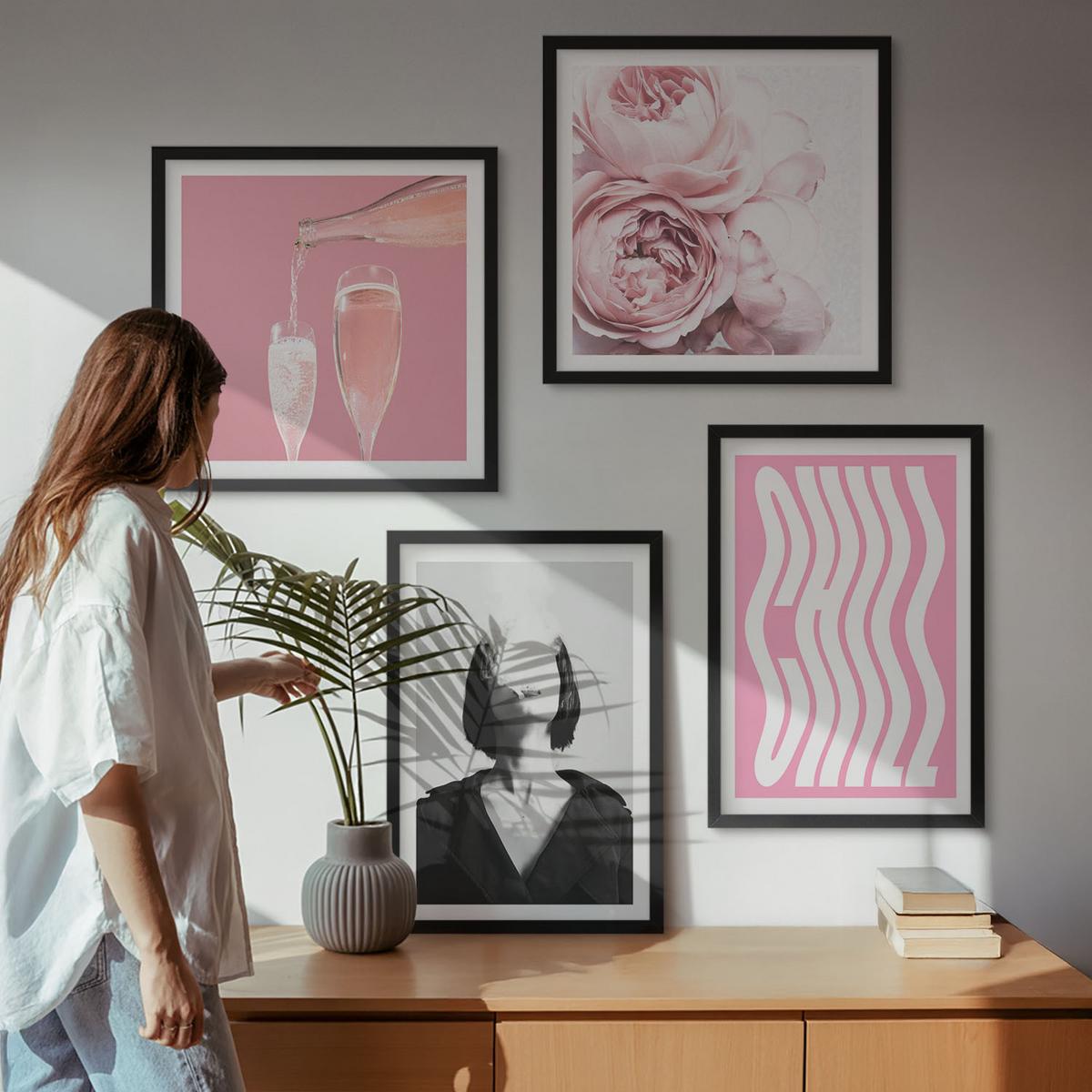 BILDER SET 4er Set - 50x50 cm & 40x60 cm Schwarzer Rahmen - Stilvolles Porträt mit Champagner - Schwarz, Kunststoff (50/50cm) - TULUP