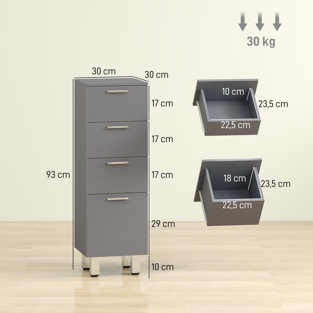 BADEZIMMERSCHRANK Spanplatte Grau - Silberfarben/Grau, Holzwerkstoff/Kunststoff (30/93/30cm) - Kleankin
