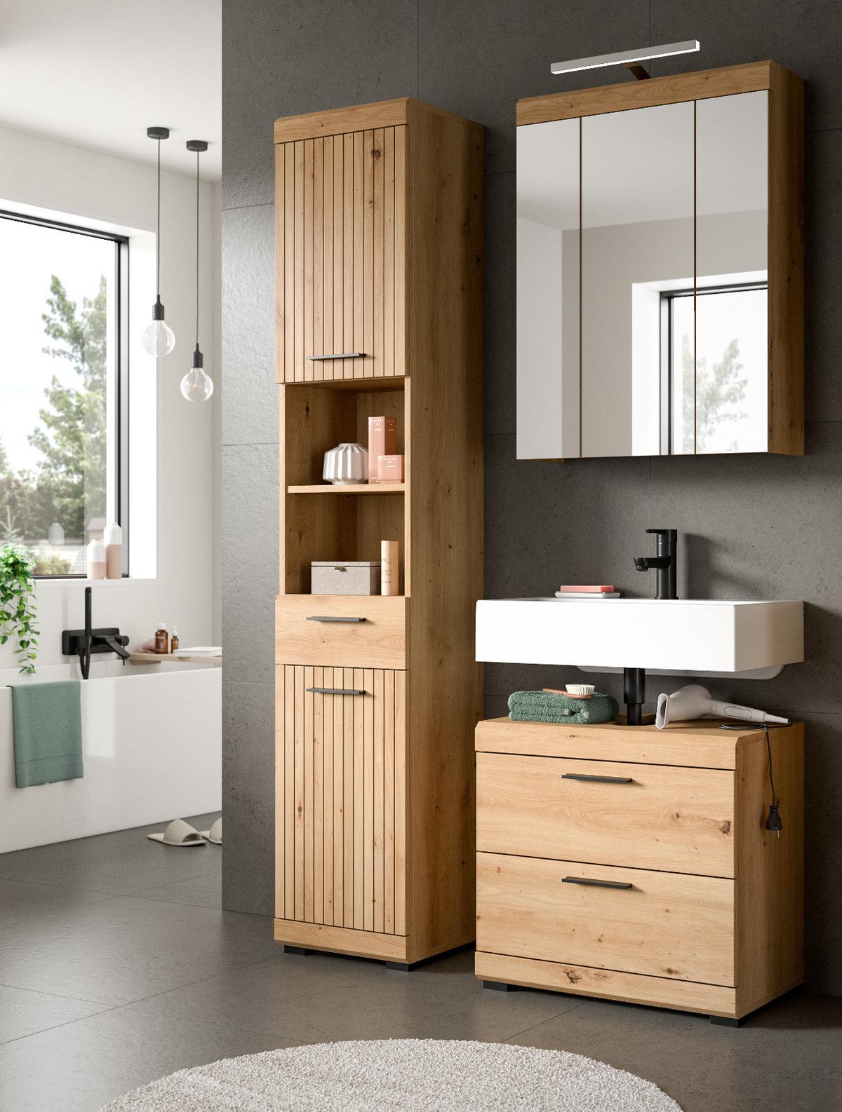 WASCHBECKENUNTERSCHRANK Eiche Artisan 60 cm, Badezimmer Unterschrank mit Schubkästen - Schwarz/Eiche Artisan, Holzwerkstoff/Kunststoff (60/56/34cm) - Inn.Furn