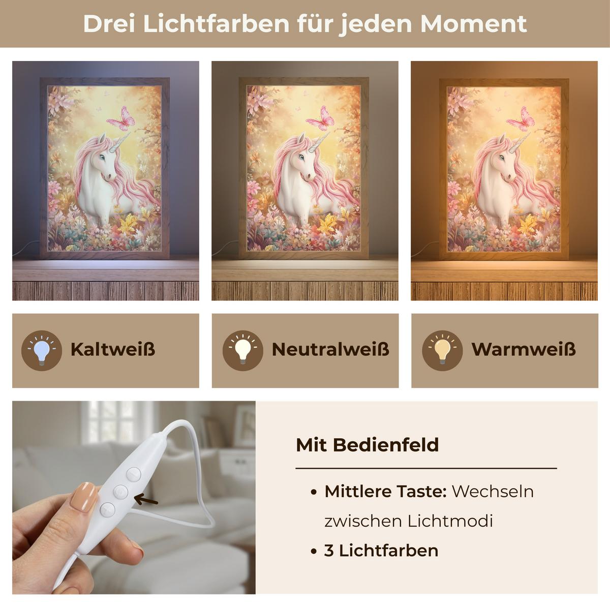 WANDLEUCHTE Einhorn - Blumen - Schmetterling - Rosa 20x30 cm - Beige, Holzwerkstoff (20/30/8cm) - OnlyWow