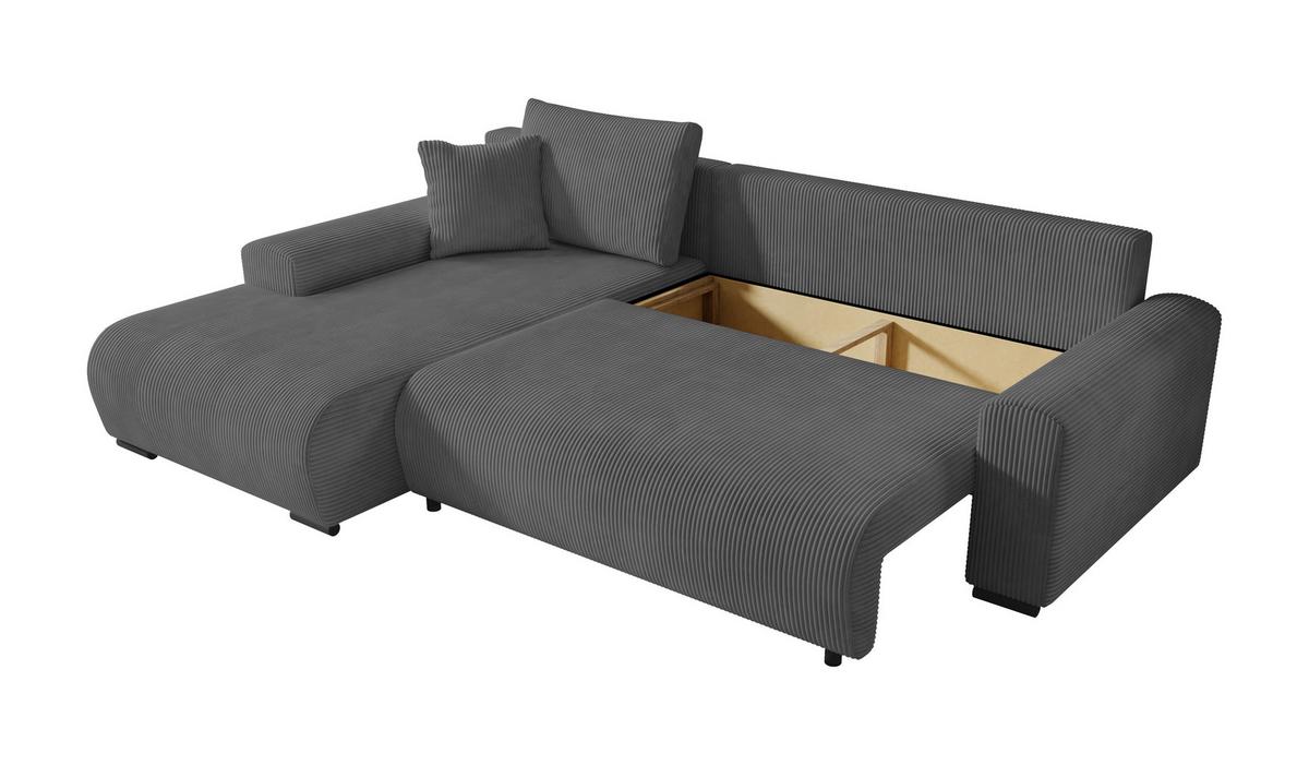 ECKSOFA Nelly mit Bettkasten und Schlaffunktion, Cordstoff in L-Form - Dunkelgrau, Textil (270/185cm)