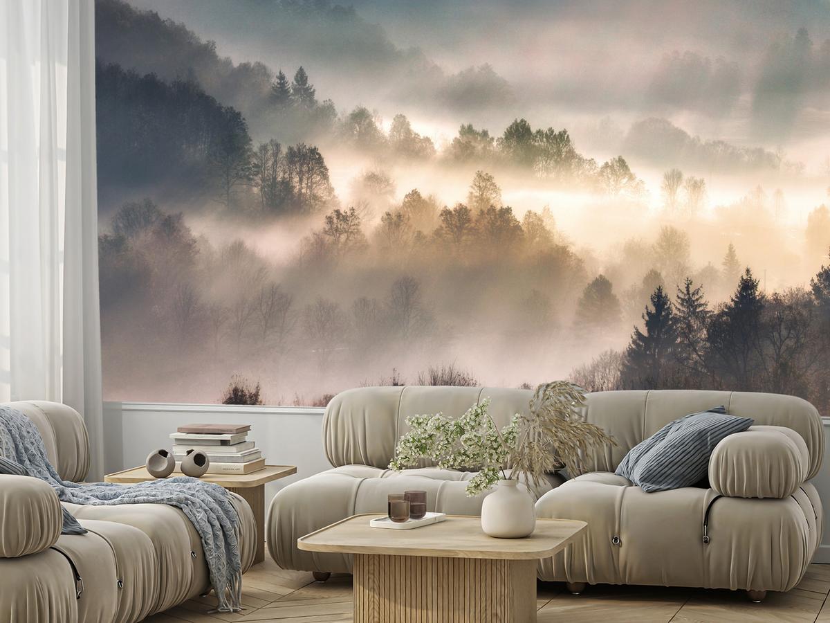 FOTOTAPETE für Wohnzimmer Natur Nebeliger Wald Sonnenaufgang Gebirge 100x70 - Gelb/Creme, Papier (100/70cm) - Muralo