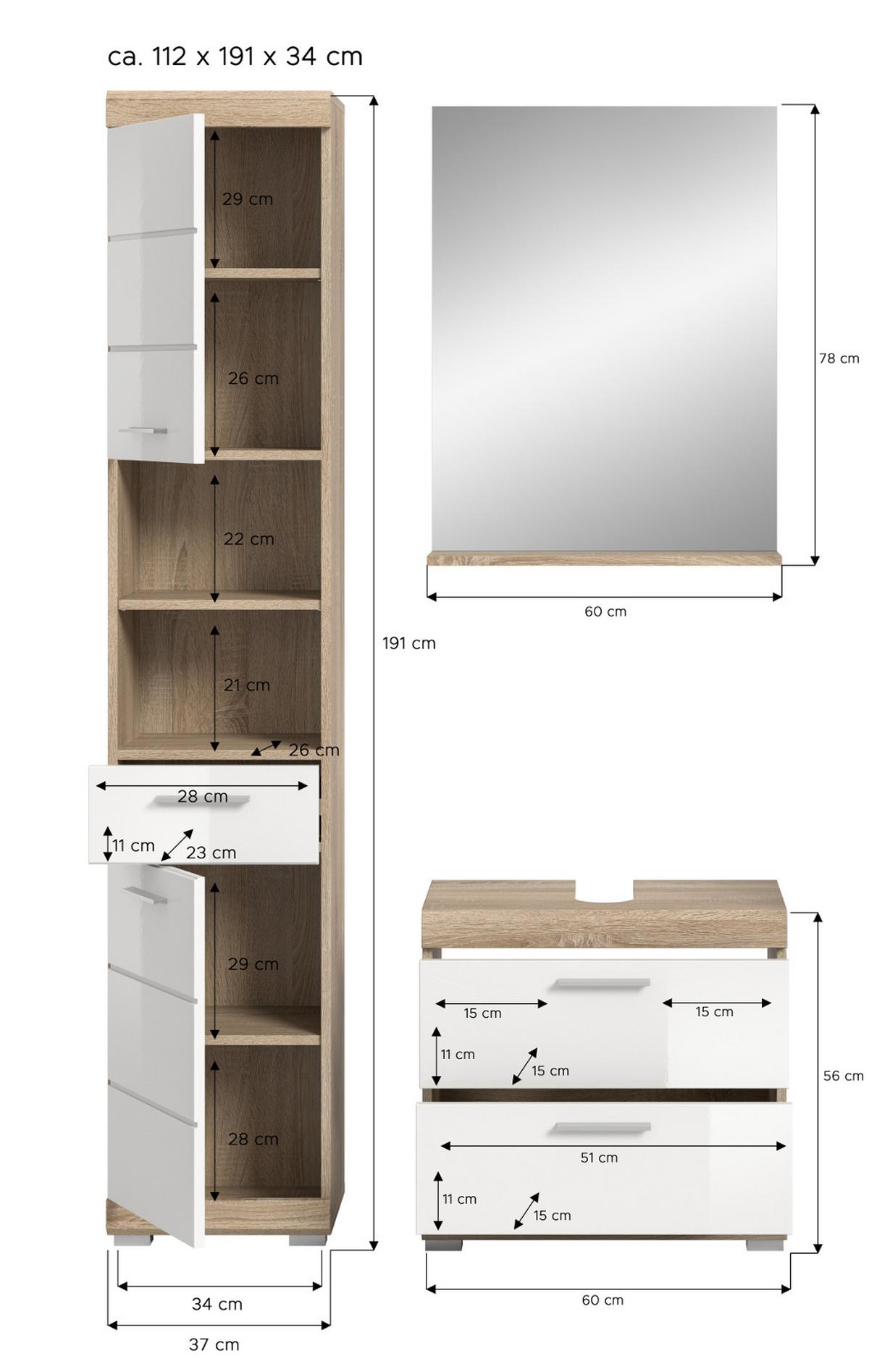 BADMÖBEL-SET weiß Hochglanz, Eiche 3-teilig 112 cm, viel Stauraum - Weiß Hochglanz/Eichefarben, Holzwerkstoff (112/191/37cm) - Inn.Furn