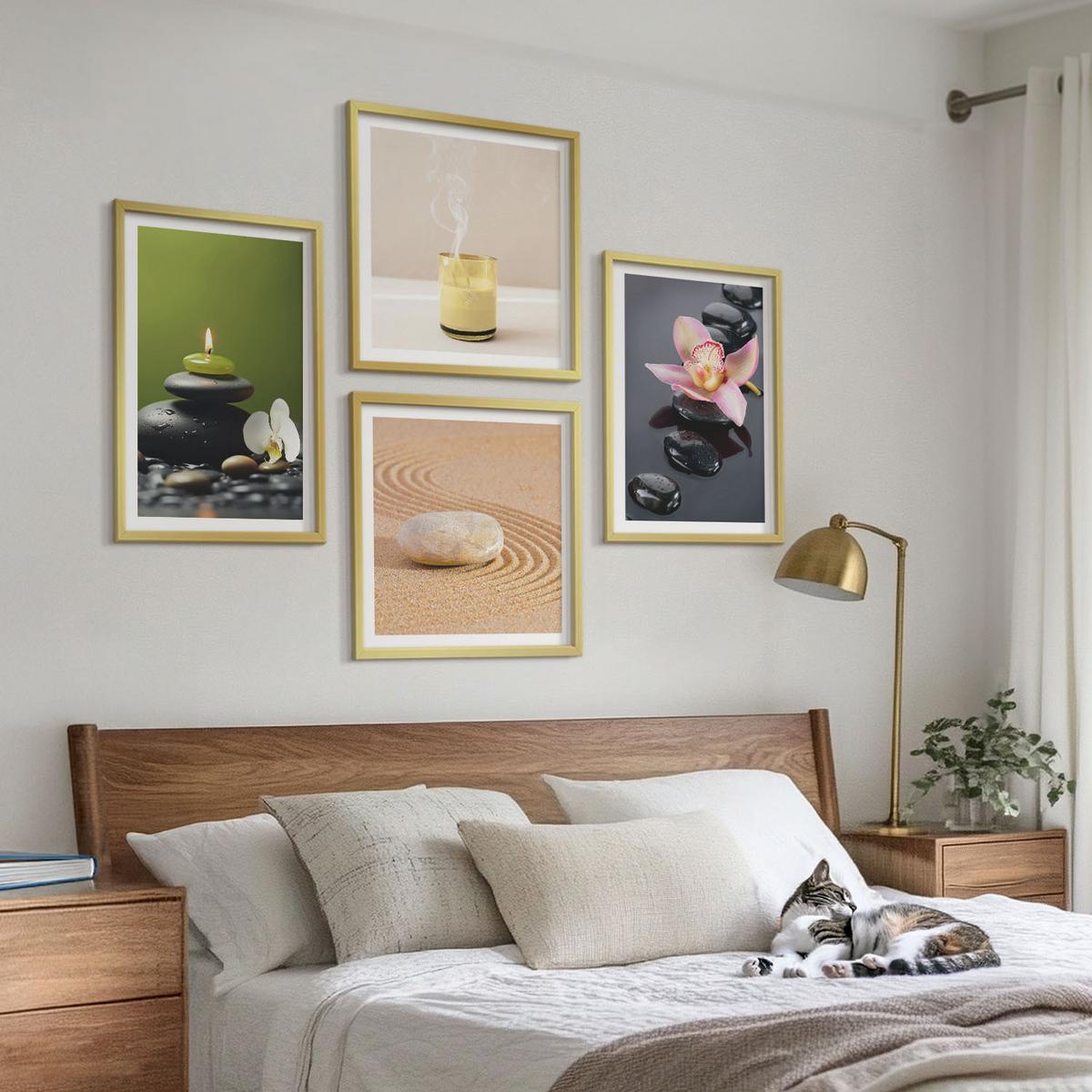 BILDER SET 4er Set - 50x50 cm & 40x60 cm Goldrahmen - Entspannende Zen-Steine für inneren Frieden - Goldfarben, Kunststoff (50/50cm) - TULUP