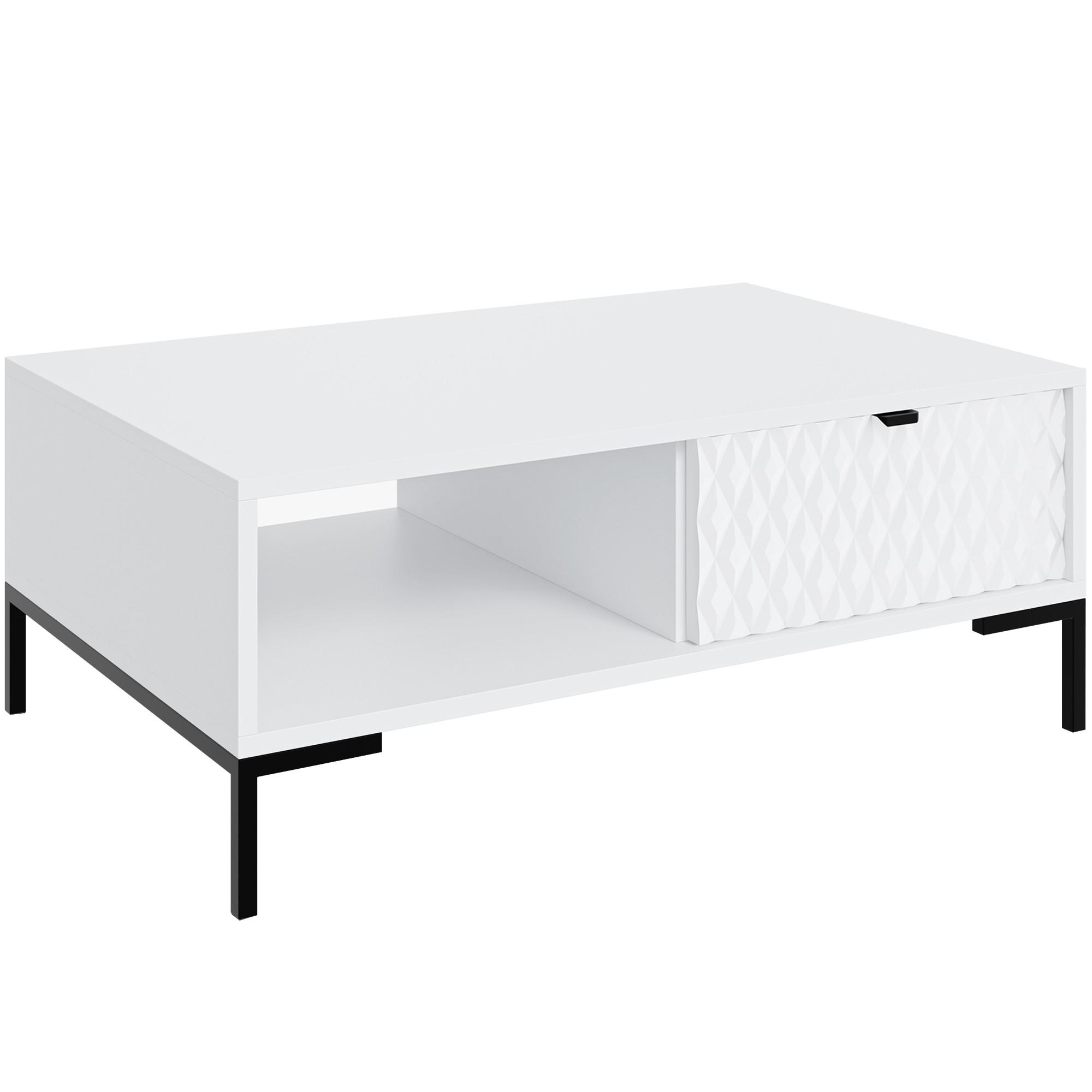 COUCHTISCH Montreal mit Schublade und offenem Fach, dekorative 3D-Fronten, 100x60 cm, Weiß - Schwarz/Weiß, Holzwerkstoff/Metall (47/100/60cm) - Beautysofa