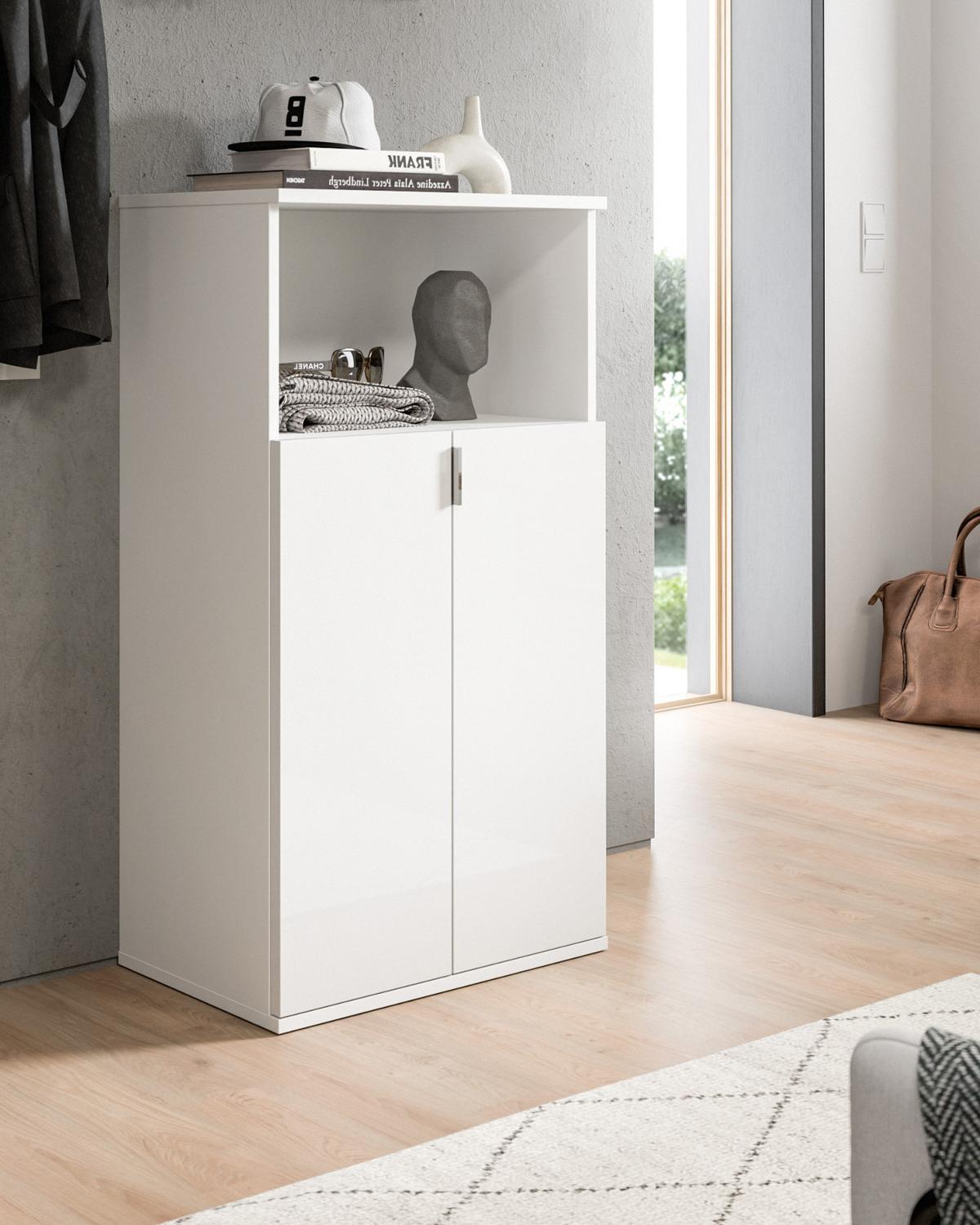 KOMMODE weiß Hochglanz 61 x 110 cm, Mehrzweckkommode mit 5 Fächern - Chromfarben/Weiß Hochglanz, Holzwerkstoff/Kunststoff (61/110/37cm) - Inn.Furn