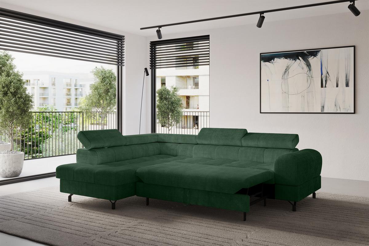 ECKSOFA mit Schlaffunktion Ottomane Links LUMA-L 272x203x70 Grün Cord - Waldgrün/Schwarz, Holzwerkstoff/Kunststoff (272/203cm) - ALTDECOR