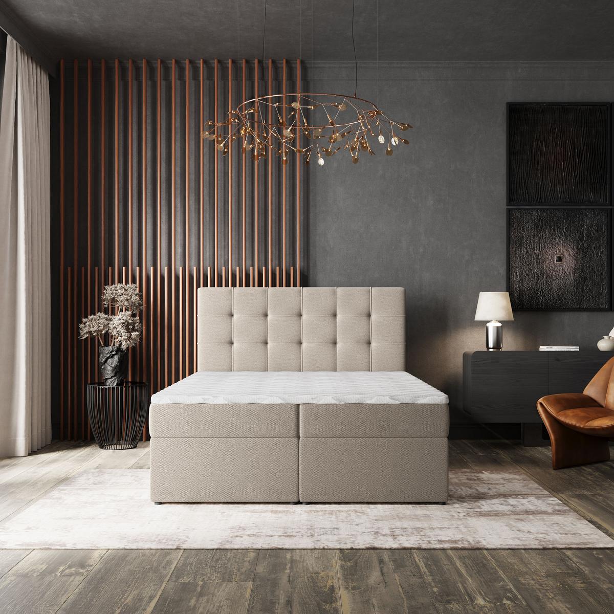 BOXBETT PALMA 180x200 cm mit Matratze und Topper, H2+H3 - Beige - Beige, Holz (180/200cm) - MASSENO