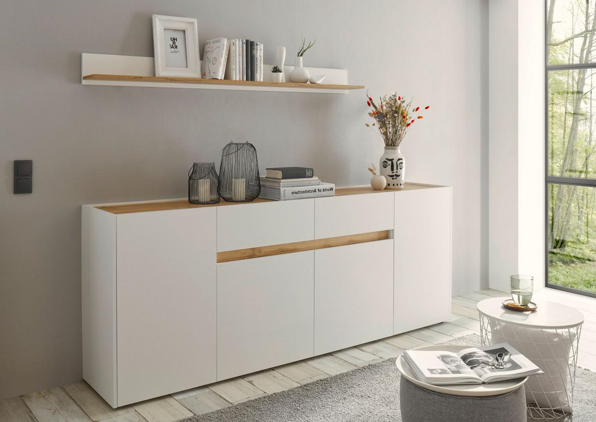 SIDEBOARD weiß, Eiche Wotan 220 cm, Kommode mit 8 Fächern - Eiche Wotan/Schwarz, Holz/Holzwerkstoff (220/87/40cm) - Furn.Design