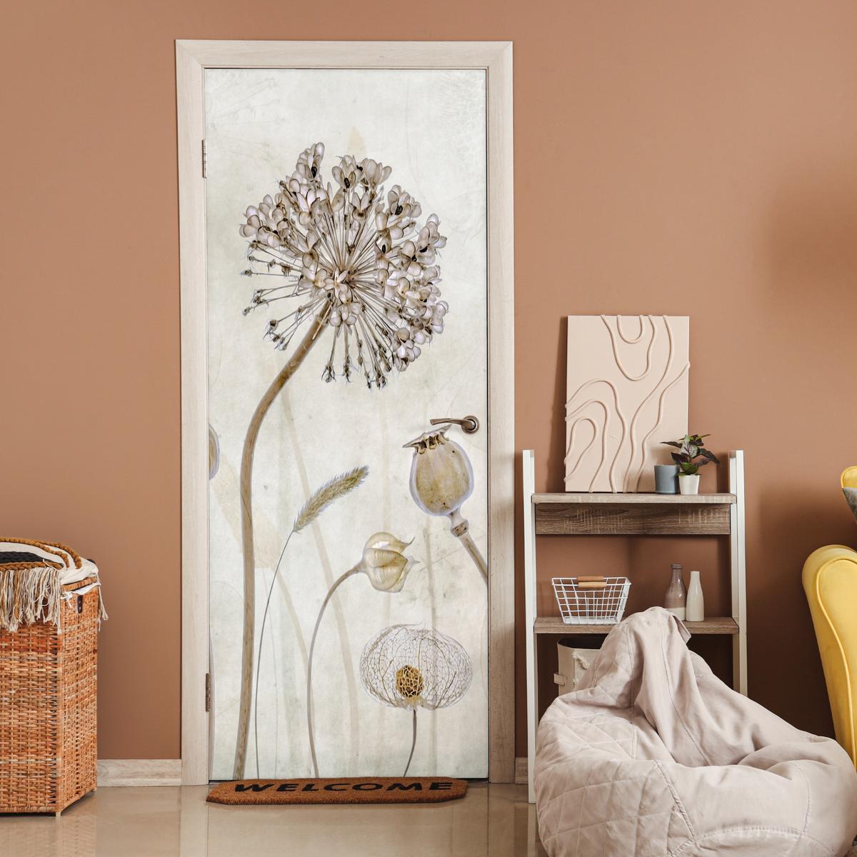 TÜRAUFKLEBER Blumen - Aquarell - Stilleben - Braun - Vintage 85x215 cm - Türtapete - Ecru, Kunststoff (85/0.1cm) - MuchoWow