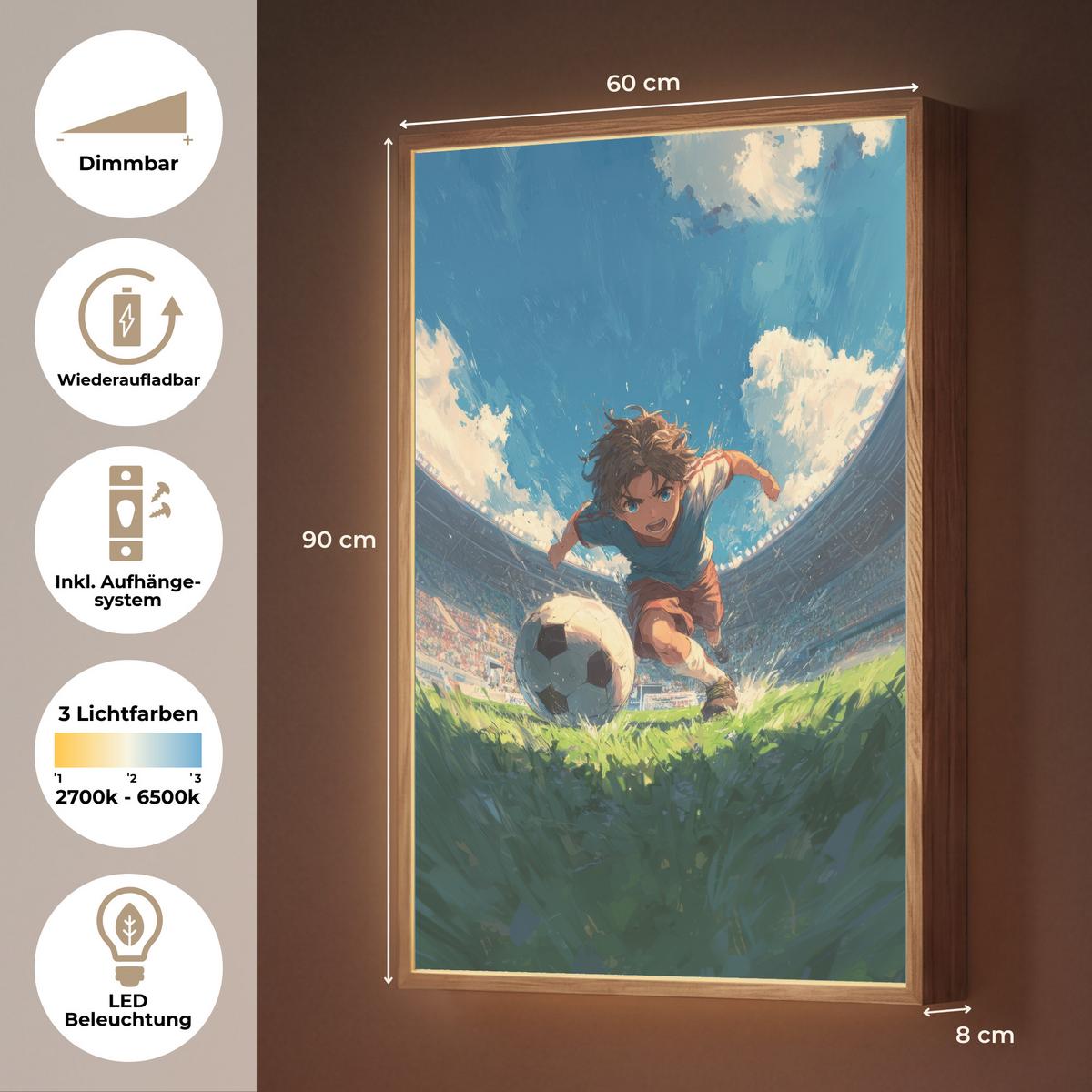 WANDLEUCHTE MIT AKKU Stadion - Fußballer - Ball 60x90 cm - Blau, Holzwerkstoff (60/90/8cm) - OnlyWow