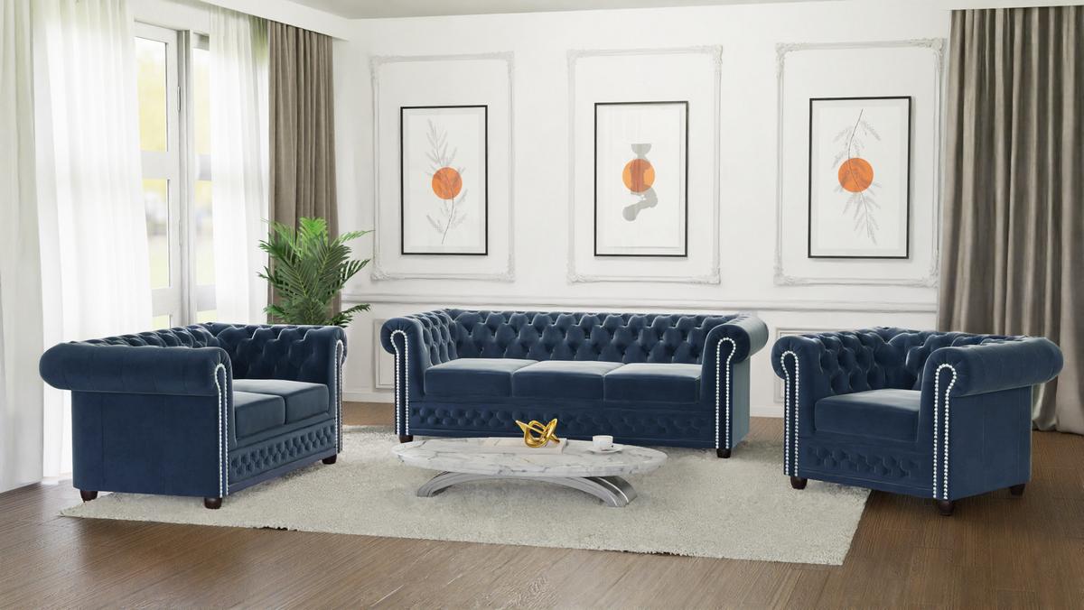 CHESTERFIELD-SOFA 3-Sitzer mit Schlaffunktion Nyx Marineblau Samt - Dunkelblau/Braun, Holz/Textil (203/28/86cm) - S-Style Möbel