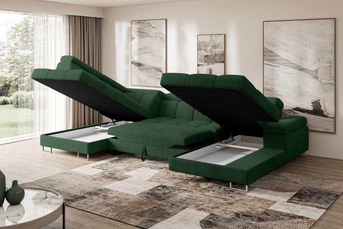 WOHNLANDSCHAFT mit Schlaffunktion und Bettkasten Ottomane Links COMA U 345x203x79 Grün Cord - Waldgrün, Holzwerkstoff/Textil (345/79/203cm) - ALTDECOR
