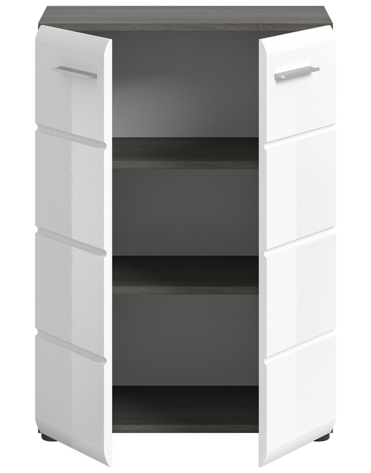 KOMMODE weiß Hochglanz, grau 60 cm, Sideboard mit Rillenoptik - Weiß Hochglanz/Silberfarben, Holzwerkstoff/Kunststoff (60/85/37cm) - Inn.Furn