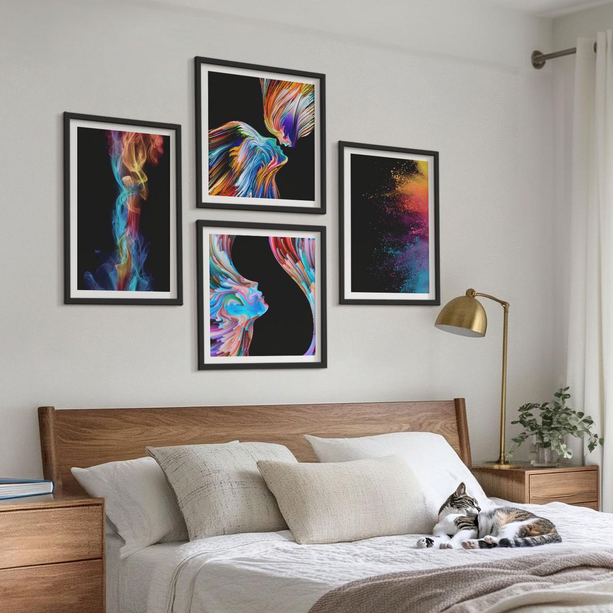 BILDER SET 4er Set - 50x50 cm & 40x60 cm Schwarzer Rahmen - Farbenfrohe Abstraktionen, Gesichter, Formen - Schwarz, Kunststoff (50/50cm) - TULUP
