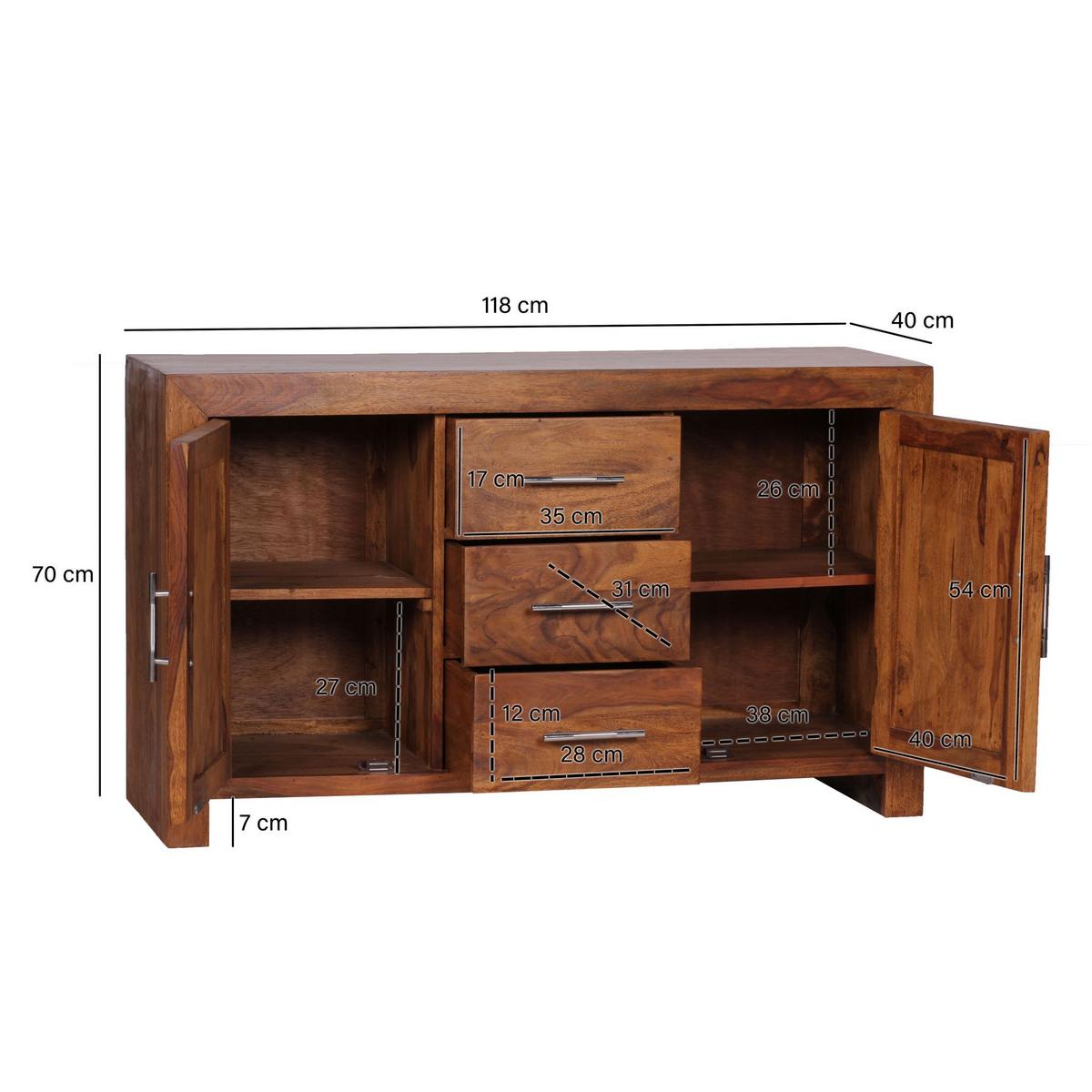 SIDEBOARD – Massivholz, 118 cm, 3 Schubladen, 2 Türen, Landhausstil - Dunkelbraun/Braun, Holz (118/70/40cm) - KADIMA DESIGN
